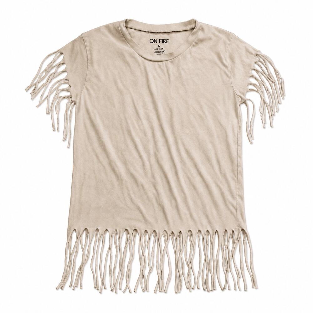 On Fire Tan Fringe T-Shirt Women’s Small 100% Cotton Boho Western Top
